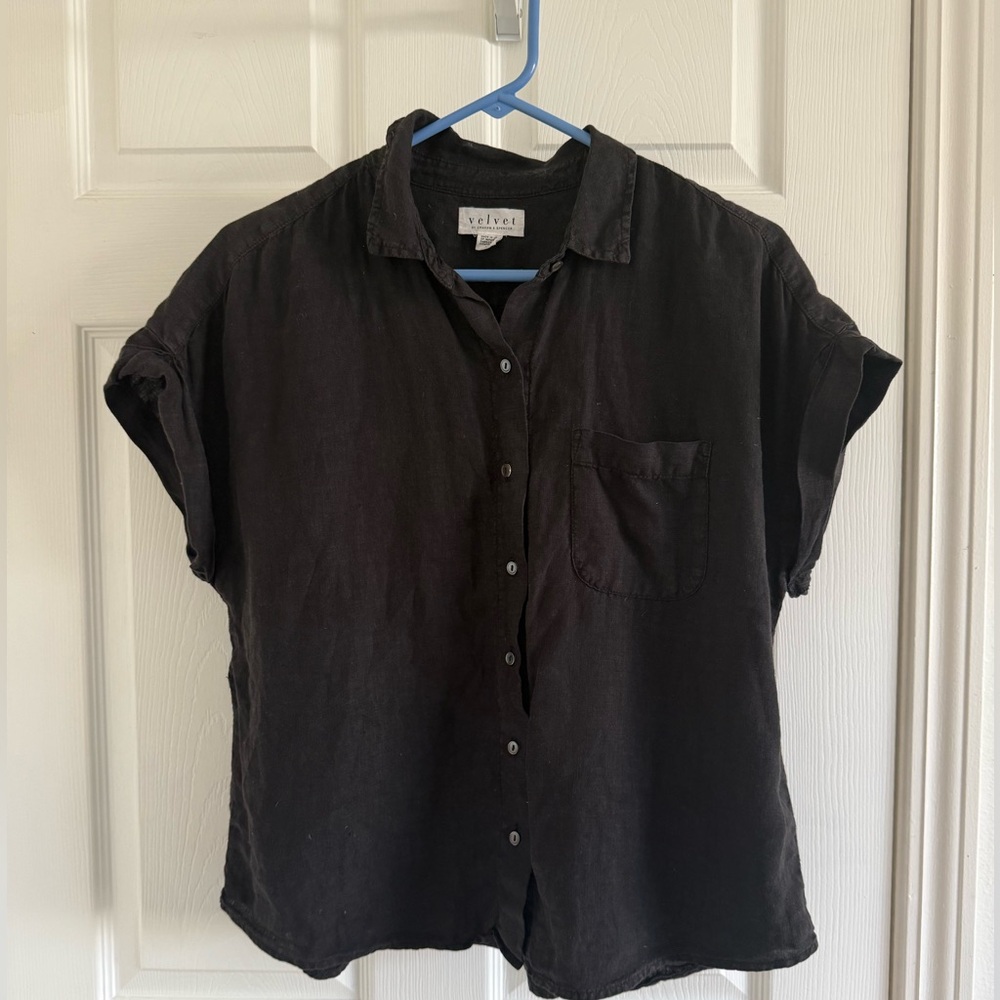 Black Linen Short Sleeve Button Down Shirt